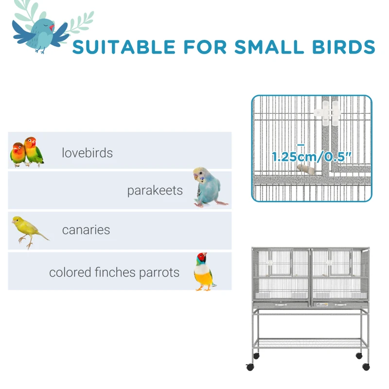 PawHut Large Double Rolling Metal Bird Cage Bird House w/ Removable Tray Storage Shelf