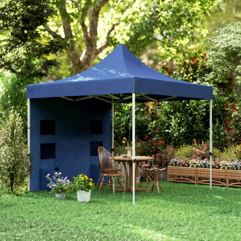 Outsunny 10' x 10' Heavy Duty Pop Up Canopy Tent with Sidewall, UPF50+ Instant Sun Shelter with Storage Pockets, Dark Blue
