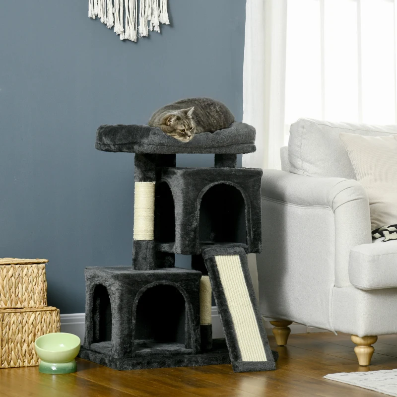 PawHut Plush Cat Tree Tower w/ Sisal Scratching Post Board Perch Condo Dark Grey