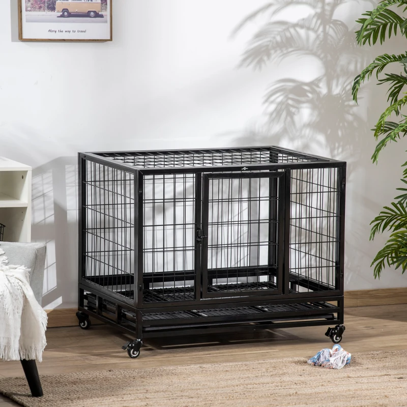 PawHut 36" Heavy Duty Dog Crate with Removable Tray, Lockable Wheels and Double Door, for Medium and Large Dogs, Black