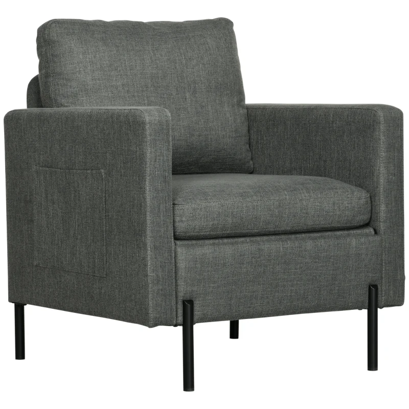 HOMCOM Armchair, Fabric Accent Chair, Modern Living Room Chair with Metal Legs, 2 Side Pockets for Bedroom, Grey