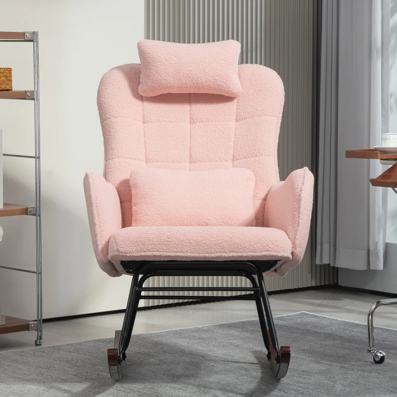 HOMCOM Nursery Rocking Chair with Headrest, Lumber Pillow, Nursing Chair with High Back for Living Room, Bedroom, Pink