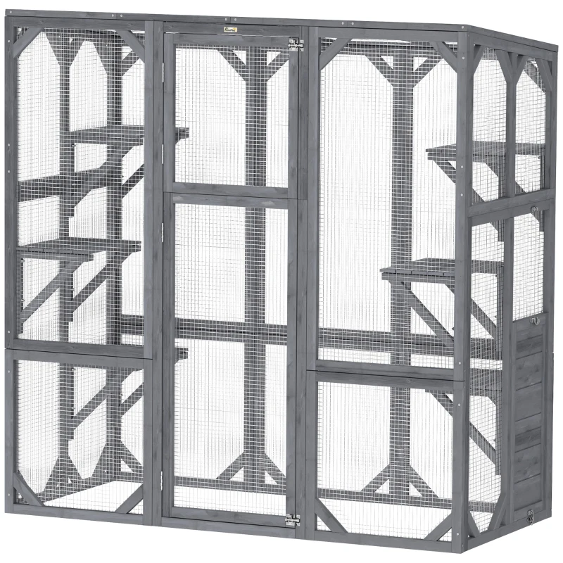 PawHut Large Wooden Catio Outdoor with 6 Jumping Platforms, Weatherproof Roof, for 1-3 Cats, 59" x 28" x 60", Gray
