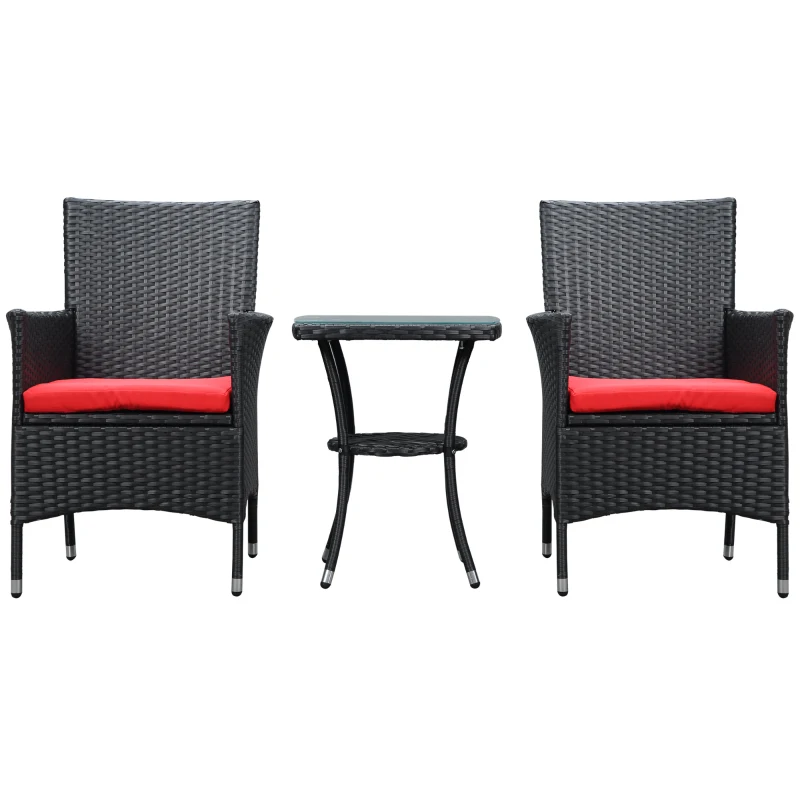 Outsunny 3 Pieces Wicker Patio Furniture Set, Rattan Bistro Set with Glass Top Coffee Table and Cushions, Outdoor Conversation Set for Garden, Porch, Balcony, Red