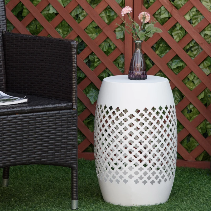 Outsunny 12.5" Steel Outdoor Side Table, Round Hollow Drum Patio End Table, Accent Table for Indoor and Outdoorr, White
