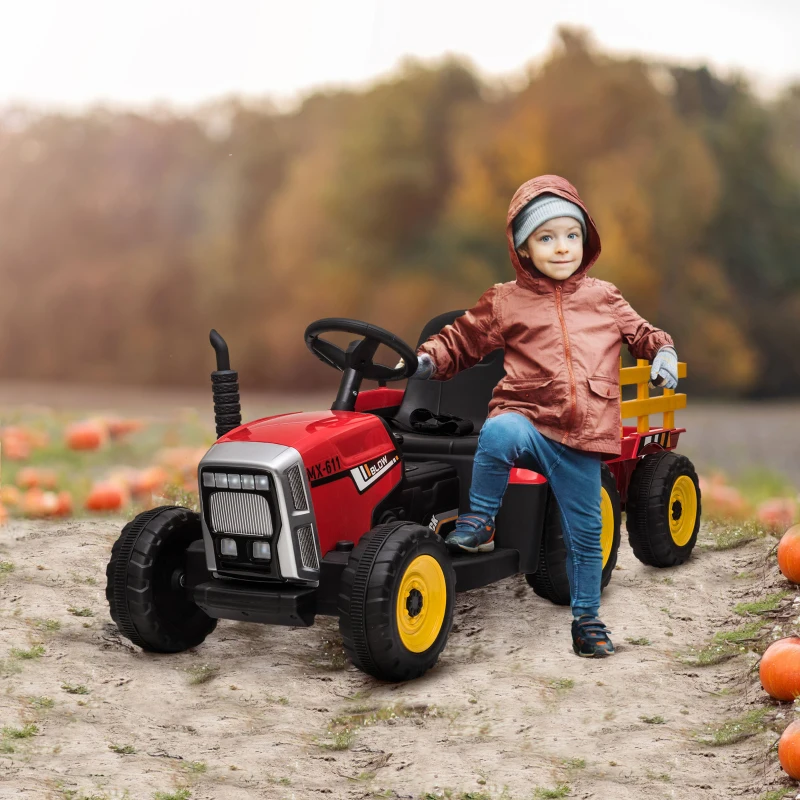 Aosom 12V Electric Ride on Tractor with Trailer, 25W Dual Motors, Red(m-2)