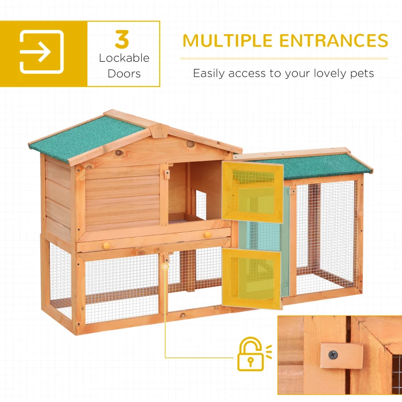 PawHut Two-Level Rabbit Hutch Small Animal House Pet Bunny Cage Home w/ Outdoor Run Water & UV Resistant Roof Access Ramp Natural Finish Guinea Pig Bunny Hamster Habitat