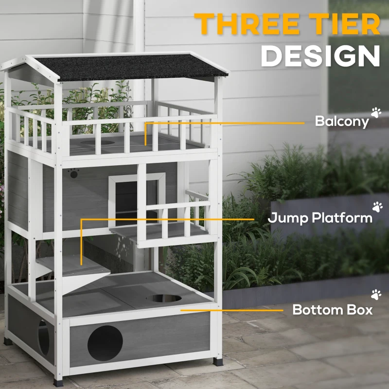 PawHut Wooden Outdoor Cat House with Asphalt Roof, Escape Doors, Condo, Jumping Platform, Light Gray