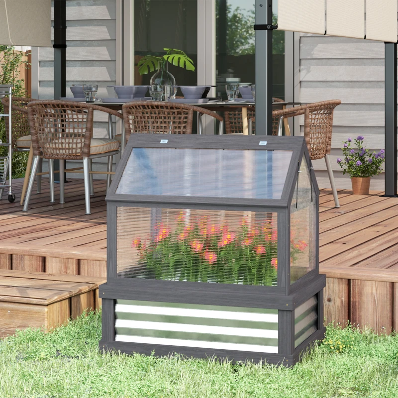 Outsunny Raised Garden Flower Bed Kit with Greenhouse, Wooden Cold Frame Planter, 35.5" x 22.5" x 38.25", Gray