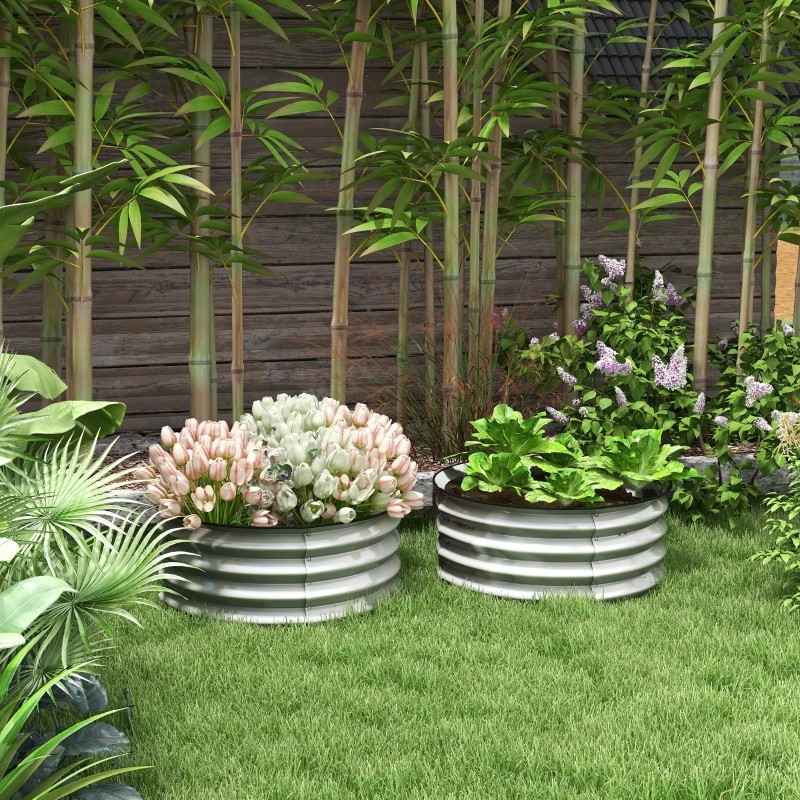 Outsunny Set of 2 Raised Garden Bed, Metal Planter Box with Safety Edging, Easy-to-assemble Stock Tank 2'x2'x1' Silver