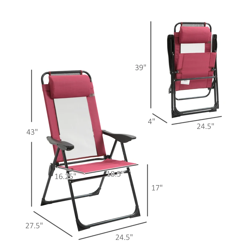 Outsunny Folding Patio Dining Chairs Set of 2, Outdoor Deck Chair with Adjustable Sling Back, Camping Chair with Removable Headrest for Garden, Backyard, Lawn, Red