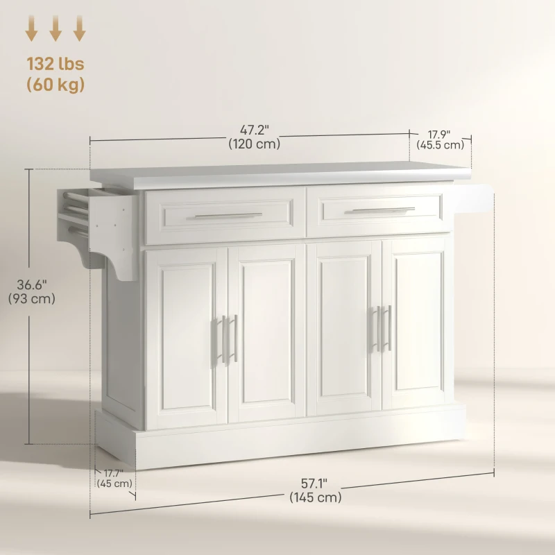 HOMCOM Rolling Kitchen Island with Storage and Stainless Steel Top, Kitchen Trolley with Drawers, Cabinets, Towel Rack, Cream