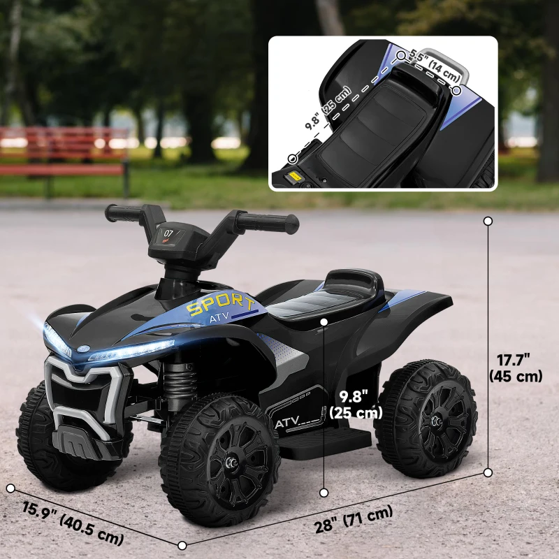 Qaba Kids ATV, 6V Battery Powered Electric Vehicle with Headlights, Music, Forward/Reverse Switch for 18-36 Months, Black