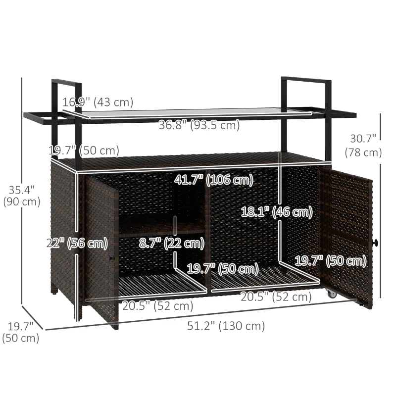 Outsunny 2-Tier PE Rattan Outdoor Bar Cart, Glass Top Outdoor Kitchen Island with Cabinet, Mixed Brown