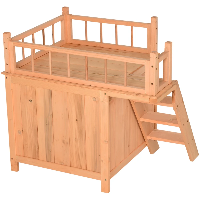 PawHut 2-Level Wooden Cat House, Outdoor Dog Shelter Cat Condo with Lockable Wire Door and Balcony, Natural Wood