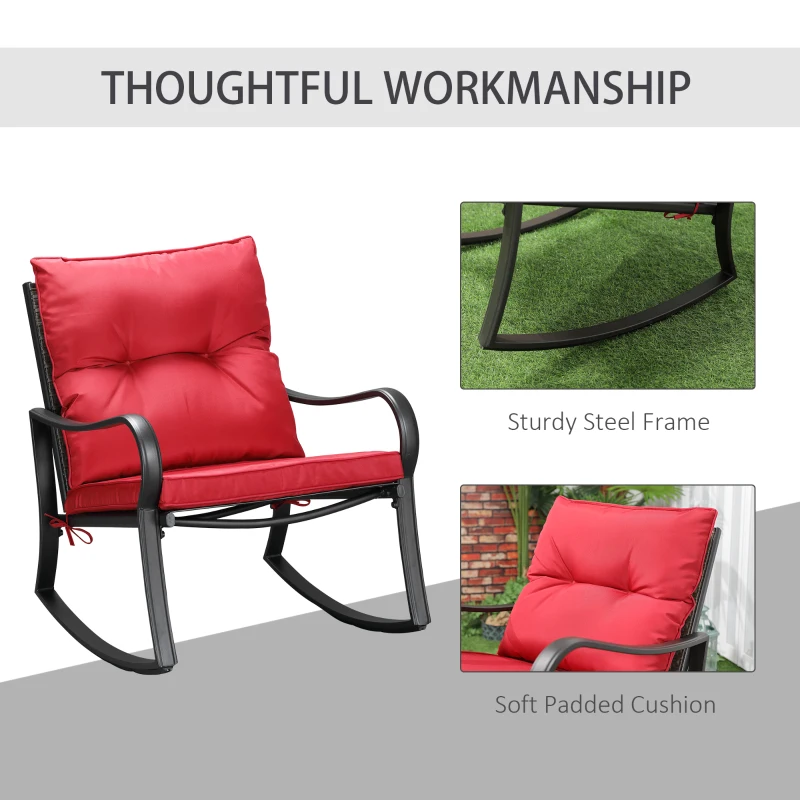 Outsunny 3 Pieces Patio Wicker Rocking Chairs Table Set, Outdoor PE Rattan Furniture with 2 Rockers & 1 Coffee Table w/ Padded Cushions for Deck, Backyard, Garden, Red