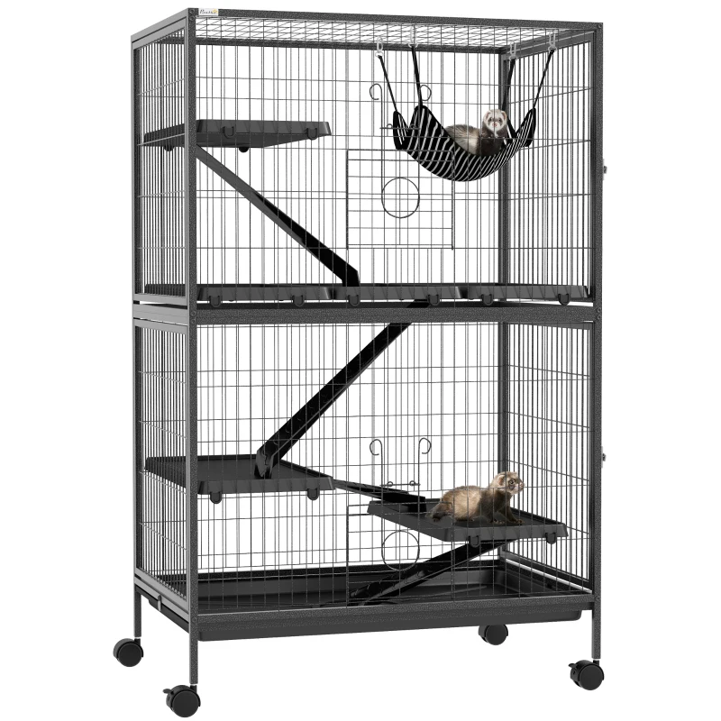 PawHut 5-Tier Rolling Small Animal Cage, Deluxe Guinea Pig Cage, Ferret Cage for Mink Chinchilla Kitten Rabbit, Grey