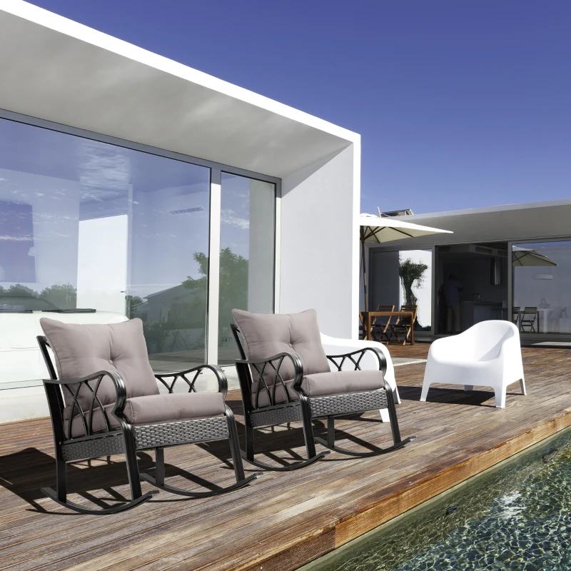 Outsunny 2 Piece Outdoor Wicker Rocking Chairs Rattan Porch Rockers with Cushions, Aluminum Frame for Garden, Patio, Gray