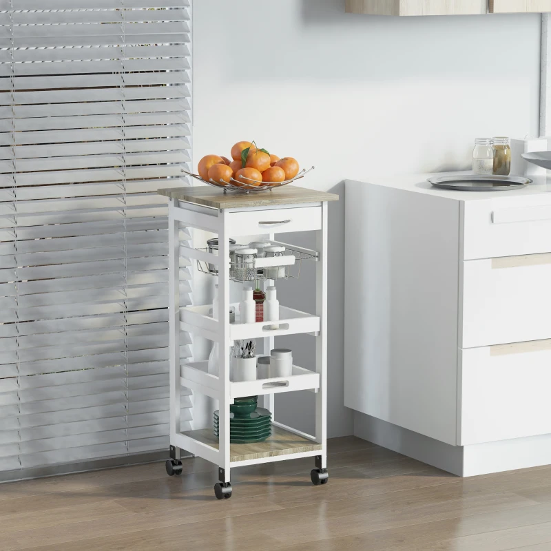 HOMCOM Rolling Kitchen Island Cart, Mobile Utility Storage Cart with Drawer, Wire Storage Basket, Removable Tray, White