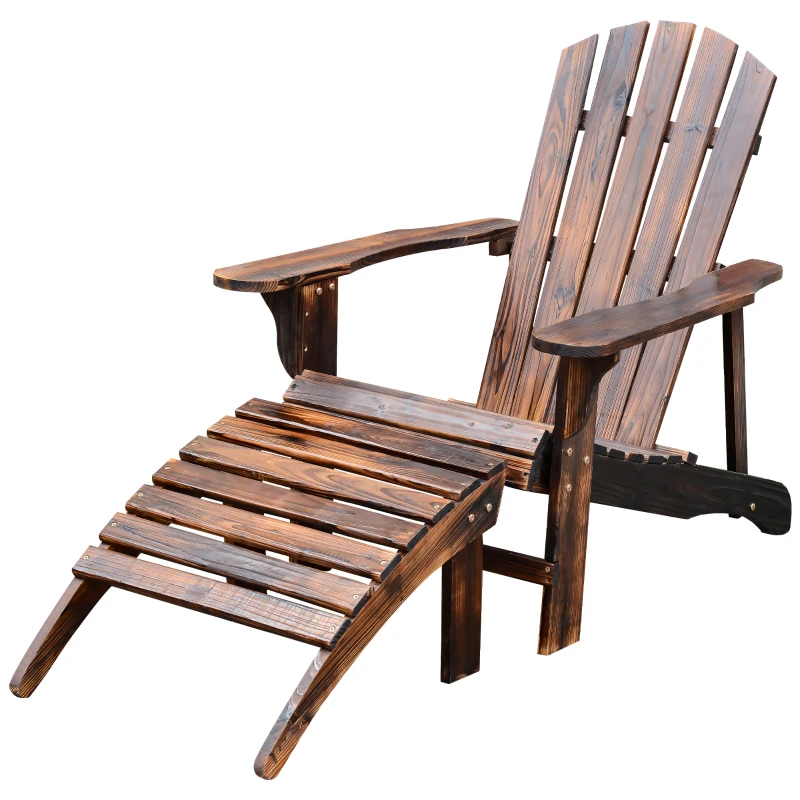 Outsunny Wooden Adirondack Chair with Ottoman, Outdoor Fire Pit Chair, Supports Up to 330 lbs., Rustic Brown