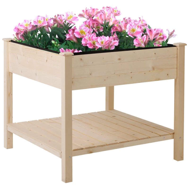 Outsunny 36" x 36" Raised Garden Bed with Storage Shelf, 2 Tiers Elevated Wooden Planter Box Stand for Vegetable Flower Herb, Indoor Outdoor Usage, Patio, Backyard, Natural