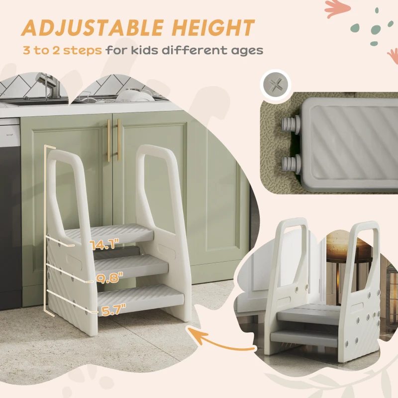 Qaba Adjustable 3 Step Toddler Tower with Handles, Non-slip Surface & Foot Pads, Gray
