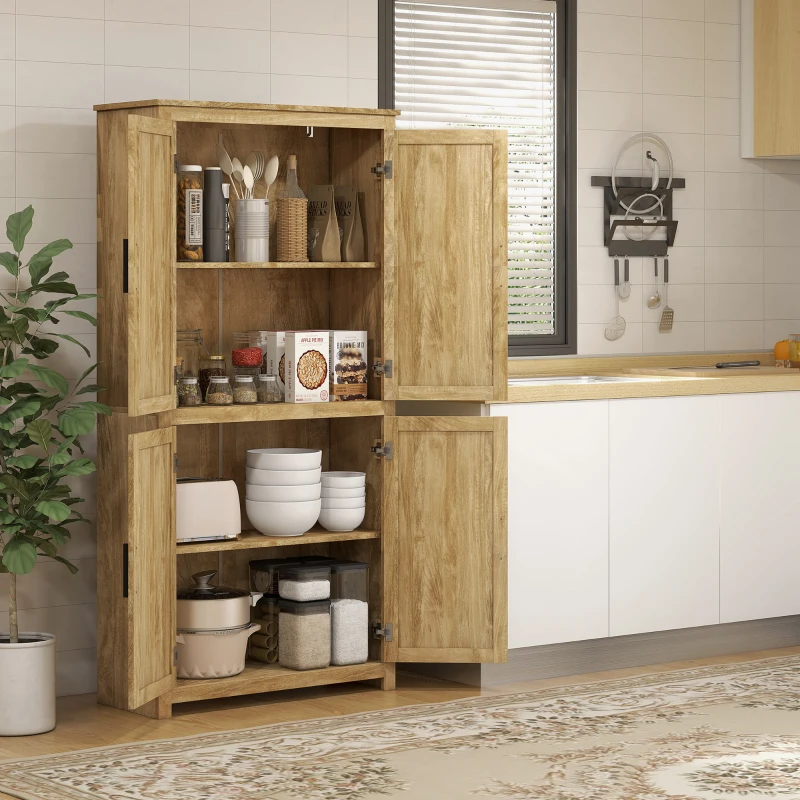 HOMCOM 64" Kitchen Pantry, Tall Storage Cabinet with 4 Rattan Doors, 4 Tier Shelves and Adjustable Shelf, Natural