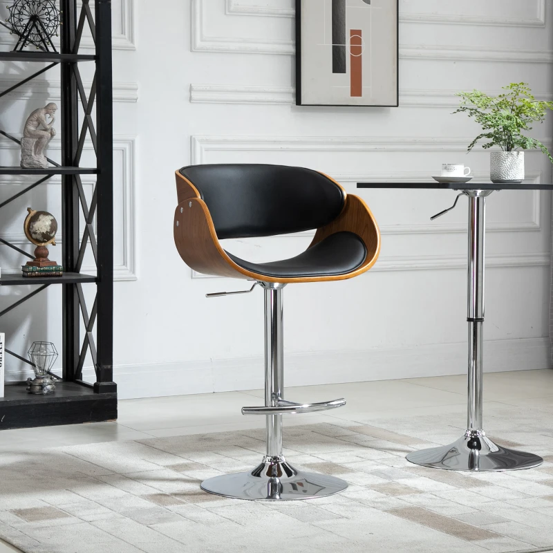 HOMCOM Modern Adjustable Bar Stool, Bentwood Bar Chair, PU Leather Swivel Barstool with Back, Footrest, Black and Walnut