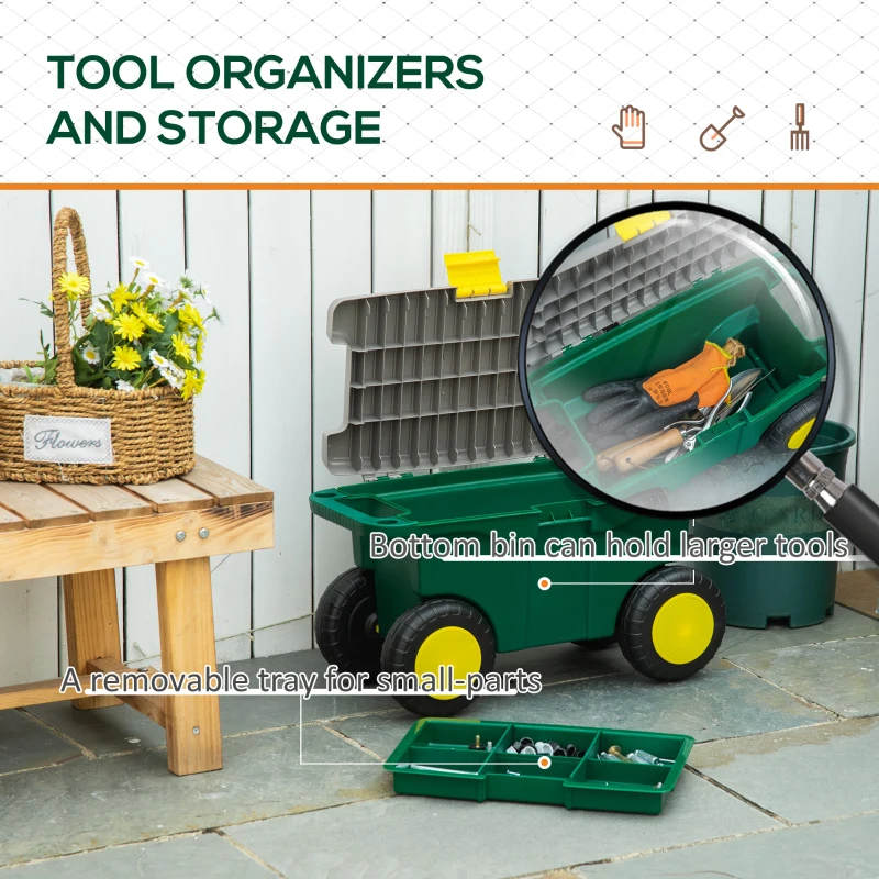Outsunny Plastic Tool Box with Wheels, Portable Tool Box Organizer, Gardeners Tool Cart and Seat with Removable Tool Tray for Home, Craftsman and Garage