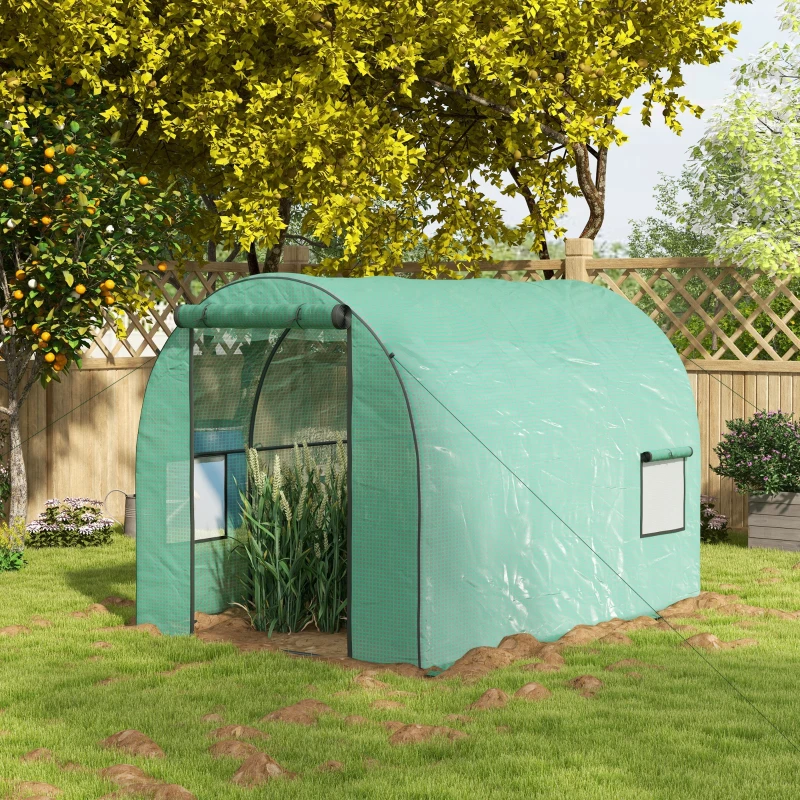 Outsunny Polytunnel Greenhouse Walk-in Grow House with Plasric Cover, Door, Mesh Window and Steel Frame, 6.6' x 10' x 6.6'