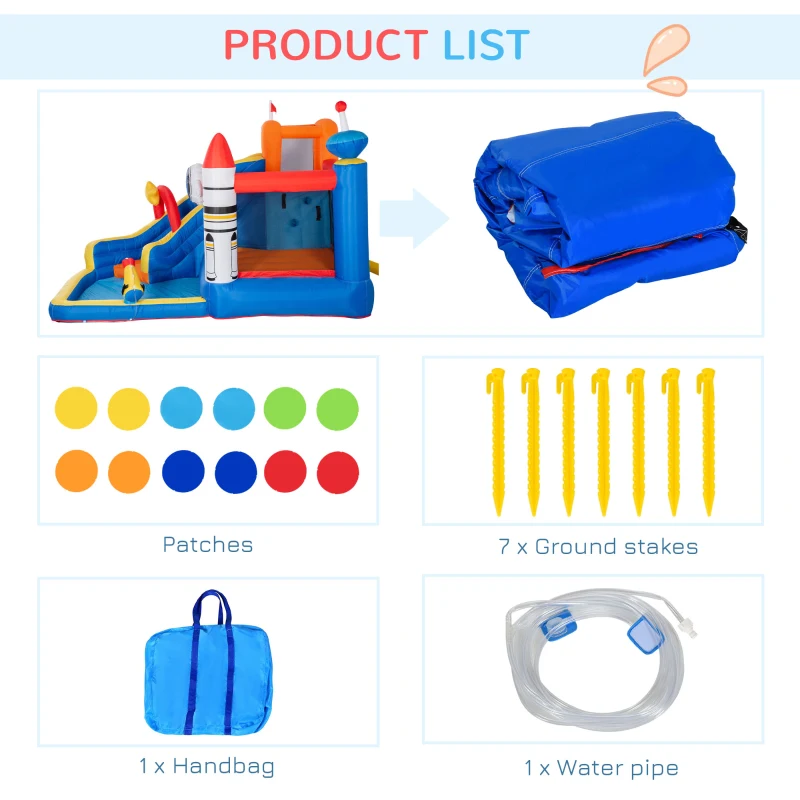 Outsunny 5-in-1 Water Slide Kids Inflatable Bounce House Space Theme Water Park Includes Slide Trampoline Pool Cannon Climbing Wall with Carry Bag, Repair Patches without Air Blower
