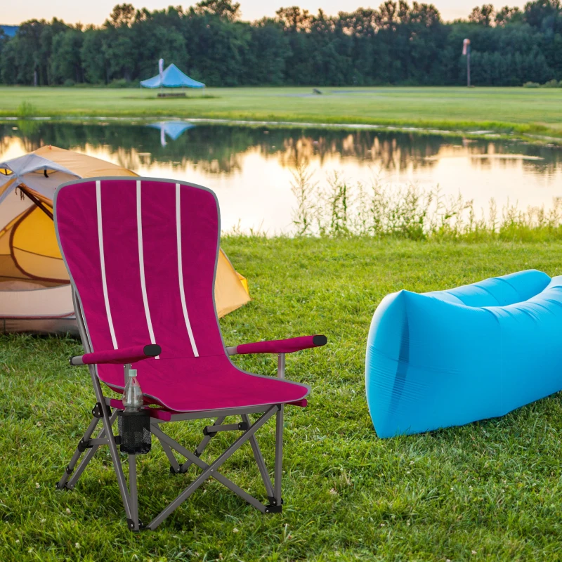 Outsunny Folding Camping Chair High Back Portable Lawn Chair w/ Storage Pocket, Cup Holder and Carrying Bag for Outdoor, Beach, Picnic, Hiking, Travel, Wine Red