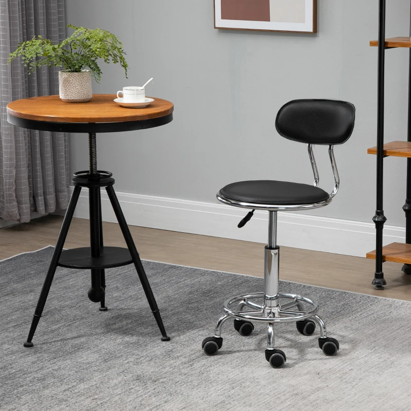 HOMCOM Faux Leather Salon Stool, Height Adjustable Rolling Stool with Footrest Ring, Back and Wheels for Beauty, Tattoo, Black