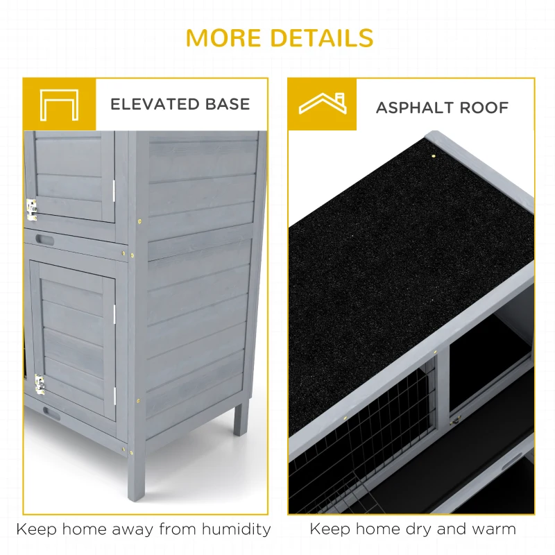 PawHut 2 Tier Wooden Rabbit Hutch Bunny Pet House Wooden Coop Run, Grey