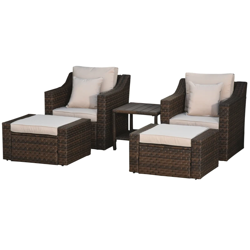 Outsunny 5-Piece PE Rattan Outdoor Patio Armchair Set with 2 Armchairs, 2 Ottomans, Wood Grain Plastic Top Coffee Table Conversation Set, & Metal Frame Build, Mixed Gray