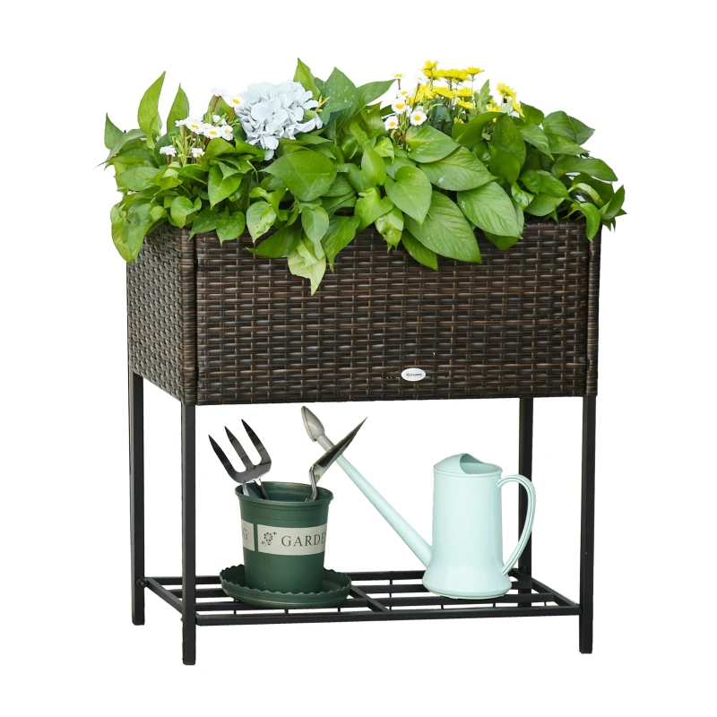 Outsunny Rattan Raised Garden Boxes, Elevated Flower Beds with Storage Shelf for Herbs, Flowers, Vegetables, Brown
