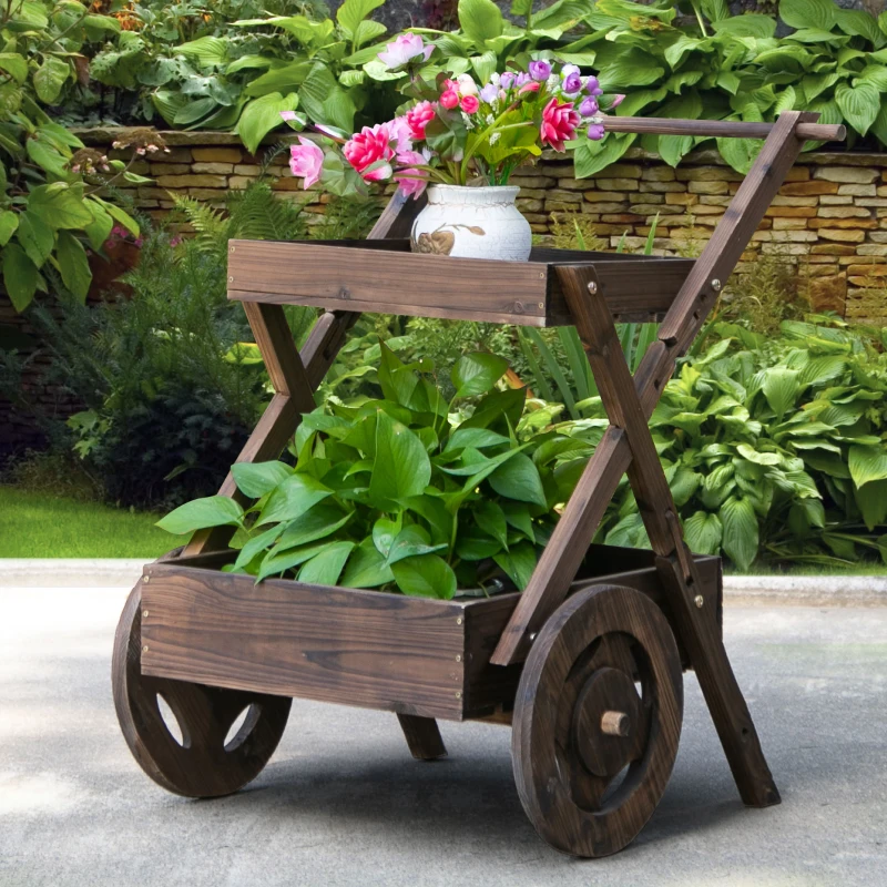 Outsunny Outdoor Plant Stand on Wheels with 2 Shelves, Wooden Flower Cart Display Stand, Wagon Decor for Garden, Patio, Balcony, Greenhouse