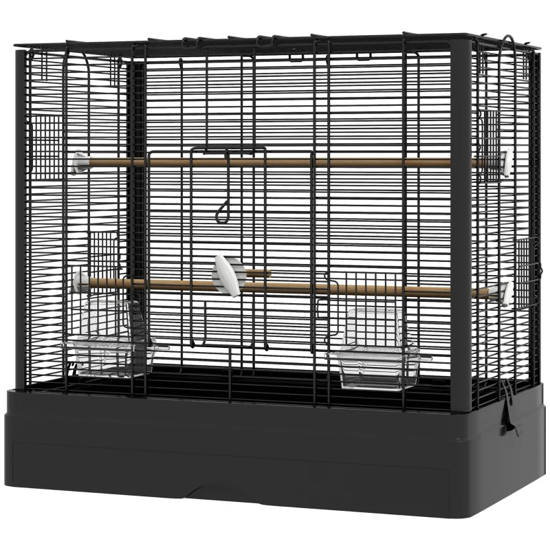 PawHut 22" Bird Cage for Budgie Finches Canaries Love Birds with Wooden Stands, Slide-Out Tray, Handles, Food Containers, Black
