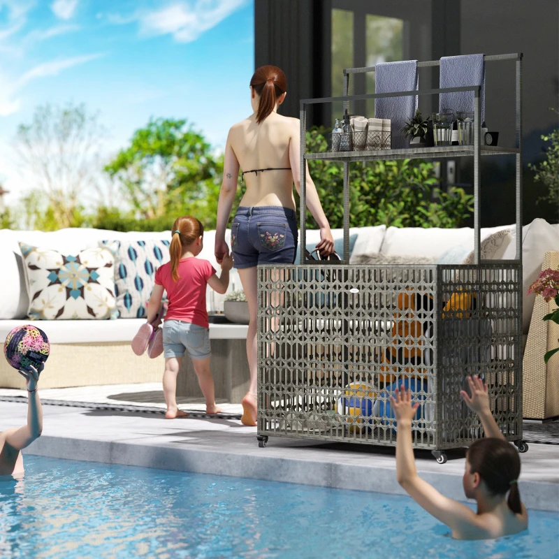 Outsunny Wicker Pool Float Storage Organizer, PE Rattan Pool Float Holder with Basket Shelf Towel Bars, Rolling Pool Caddy for Floaties, Noodles, Life Vests, Beach Balls, Mixed-Gray