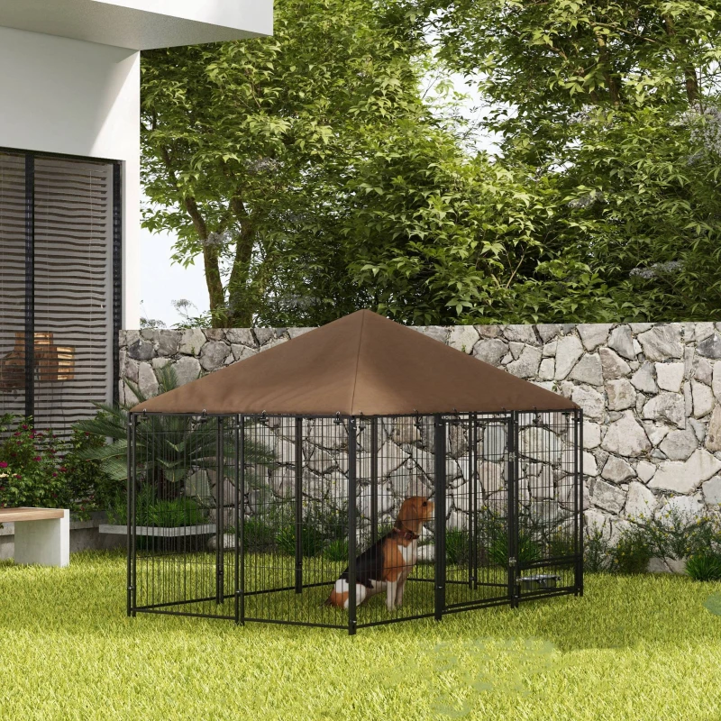 PawHut 6.9' x 4.6' x 5' Outdoor Dog Kennel with Canopy, Rotating Bowls, Coffee