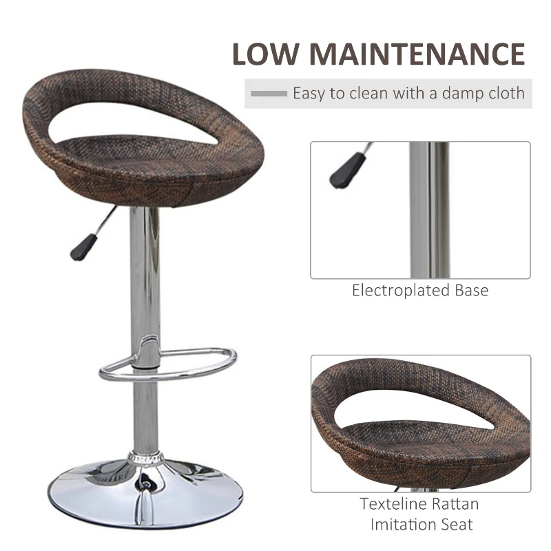 HOMCOM Set of 2 Pub Bar Stools Rattan Wicker Chair Chrome Finish Adjustable Swivel Seat, Deep Brown