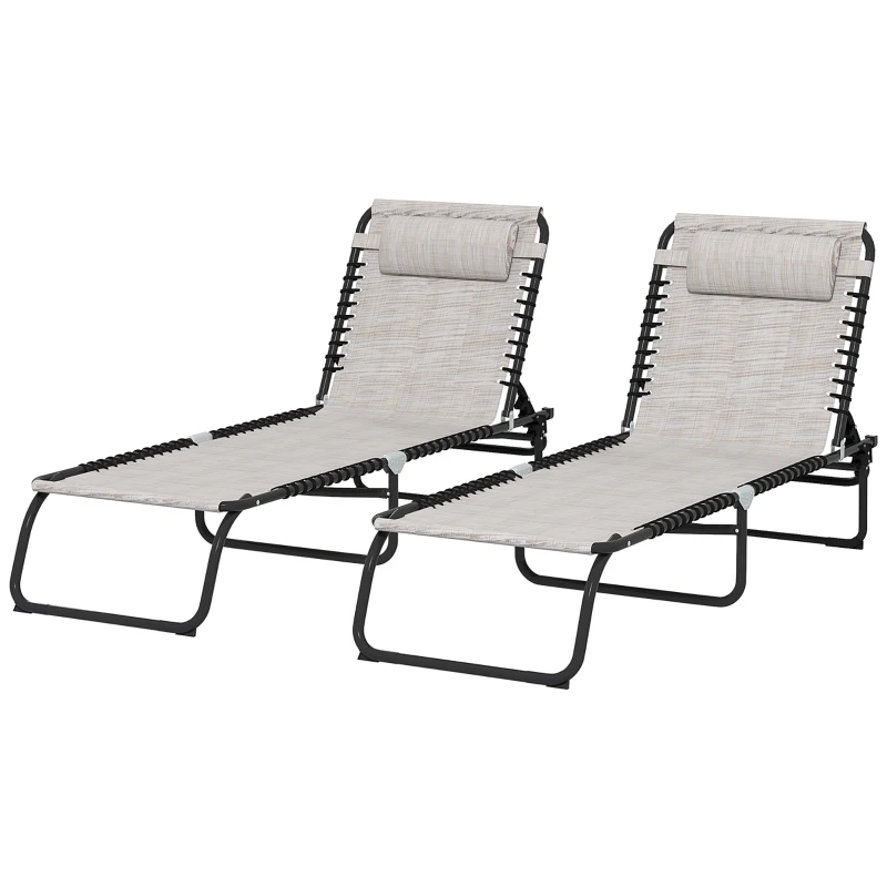 Outsunny 2 PCs Folding Lounge Chairs, Adjustable Chaise Lounges with Headrest for Camping, Hiking, Cream White