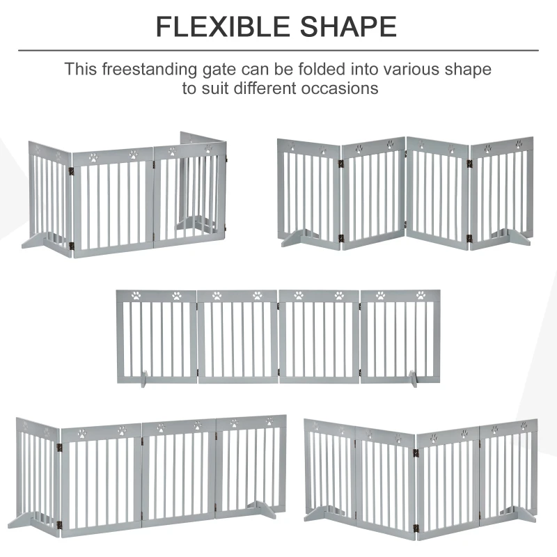 PawHut Freestanding Pet Gate 4 Panel Wooden Dog Barrier Folding Safety Fence with Support Feet for Doorway Stairs Light Grey