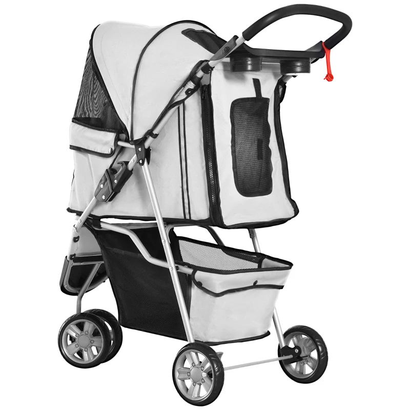 PawHut 3 Wheels Foldable Dog Stroller with Storage Basket, Adjustable Canopy, Cupholder for Miniature and Small Dogs, Grey