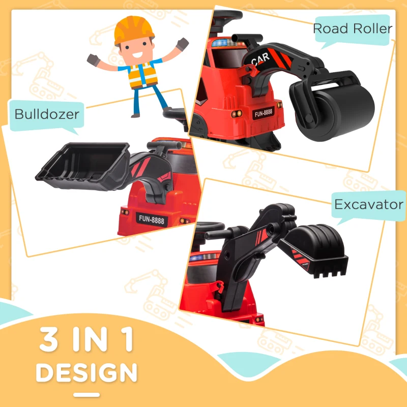 Aosom 3 in 1 Ride on Excavator Bulldozer Road Roller w/ Music Red