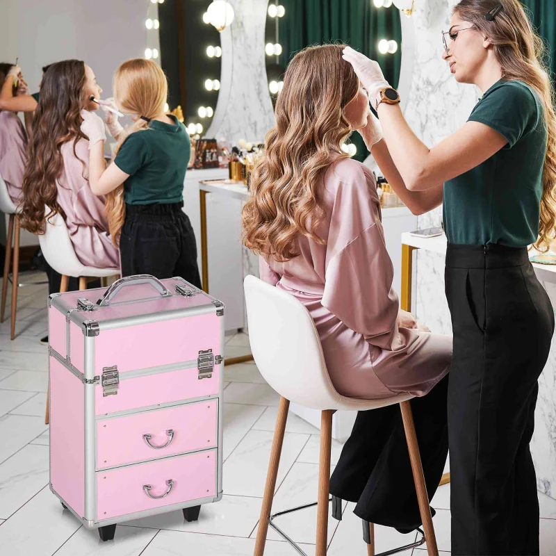 HOMCOM Rolling Makeup Storage Case w/ Swivel Wheel, Pink
