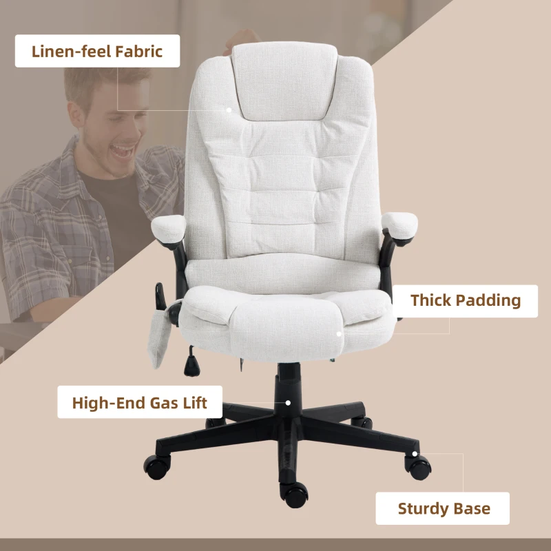 HOMCOM 6 Point Vibrating Massage Office Chair with Heat, Linen High Back Massage Desk Chair with Reclining Backrest, White(m-9)
