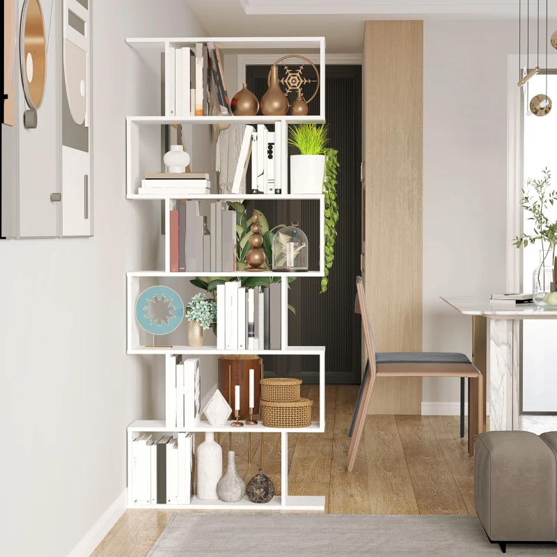 HOMCOM 76" 6-Tier Geometric Wooden Bookcase S Shaped Storage Display Bookshelf Modern shelf Open Concept Living Room Home Office Furniture, White