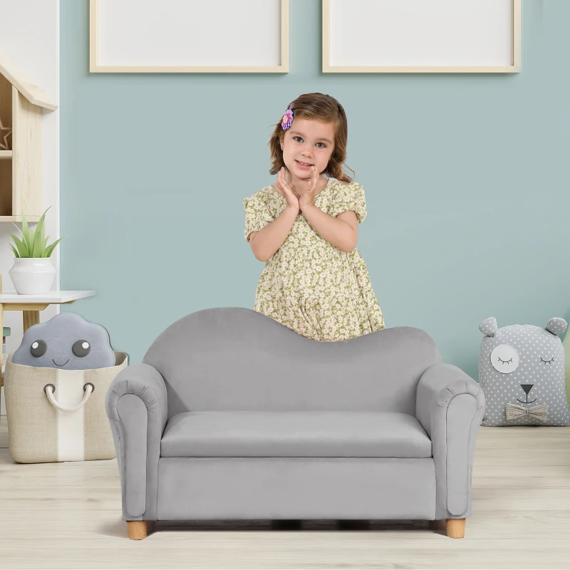 Qaba Ergonomic Foam Kids Sofa with Inner Toy Storage Chest, Velvet Kids Couch with Soft Arms, Children's Lounge Furniture, Gray