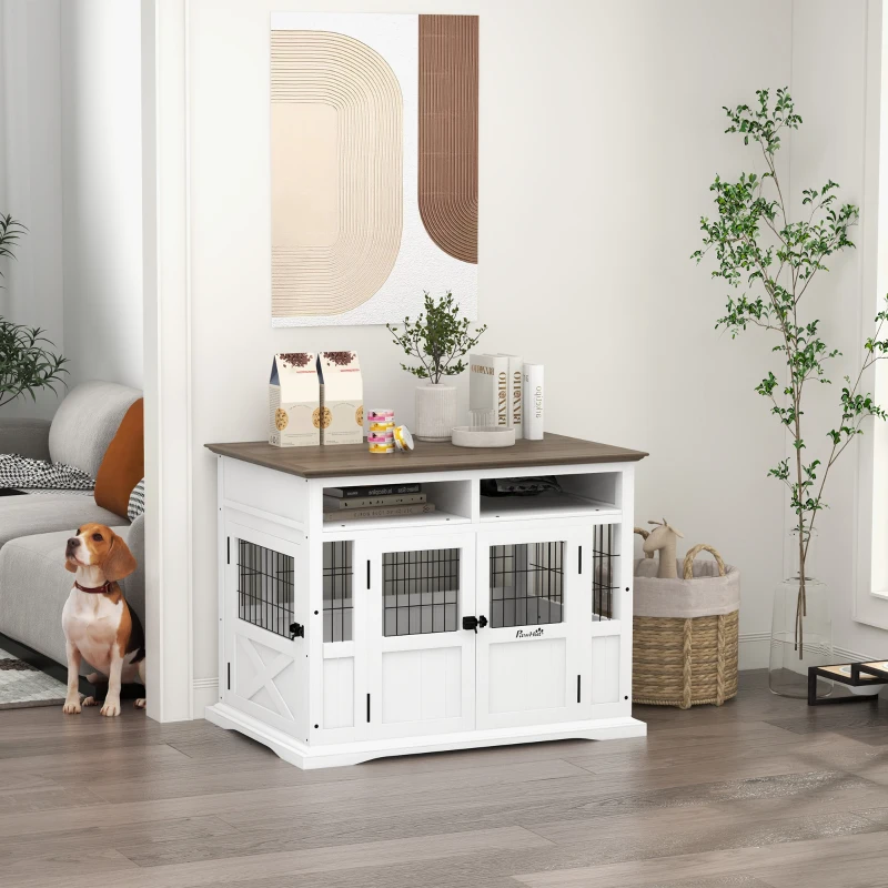 PawHut Dog Kennel Furniture Side End Table with Storage, Double Doors for Small and Medium Dogs, White